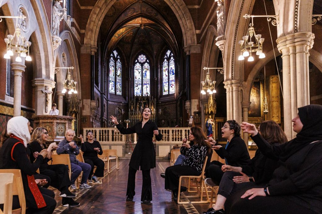 A group of people singing in the church